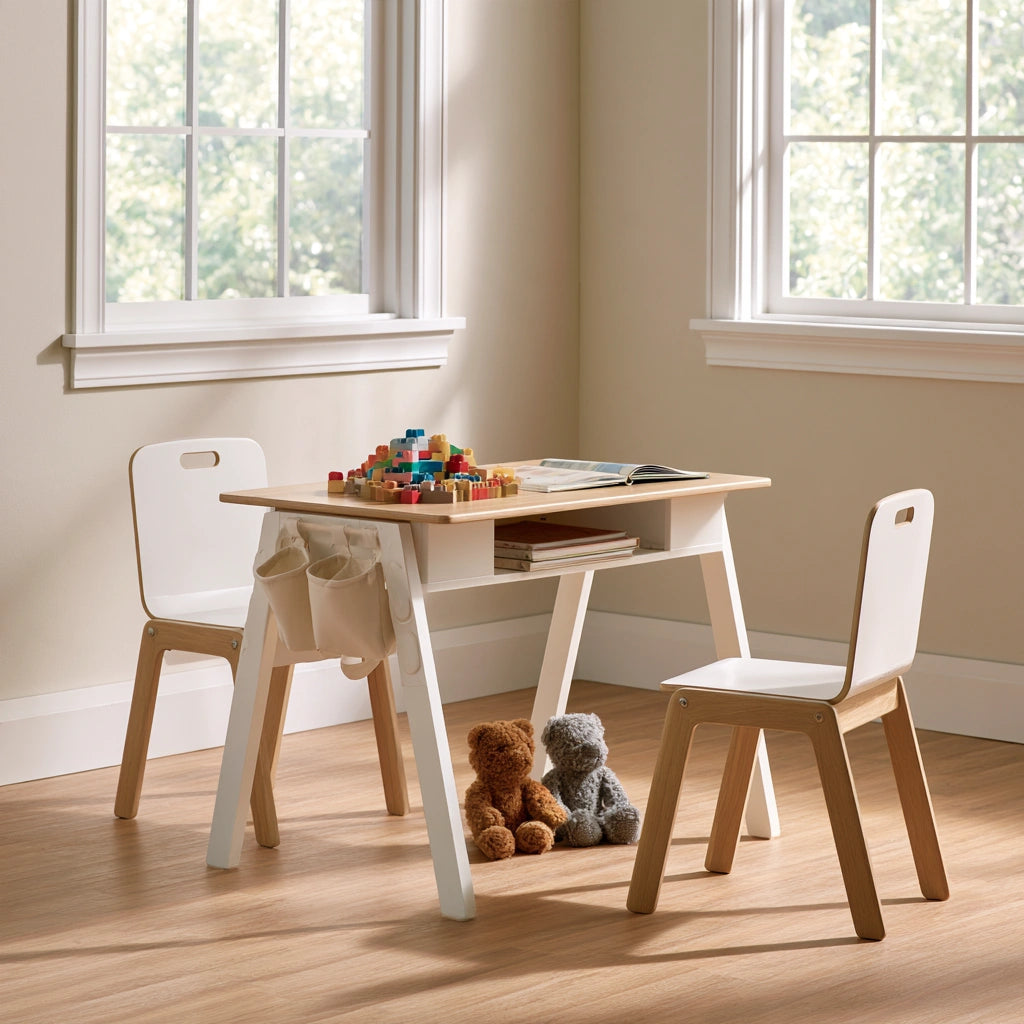 Ensemble table et deux chaises pour enfant en bois, coloris blanc et brun clair