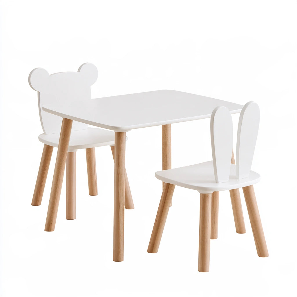 Ensemble table et deux chaises pour enfant aux lignes épurées, coloris blanc