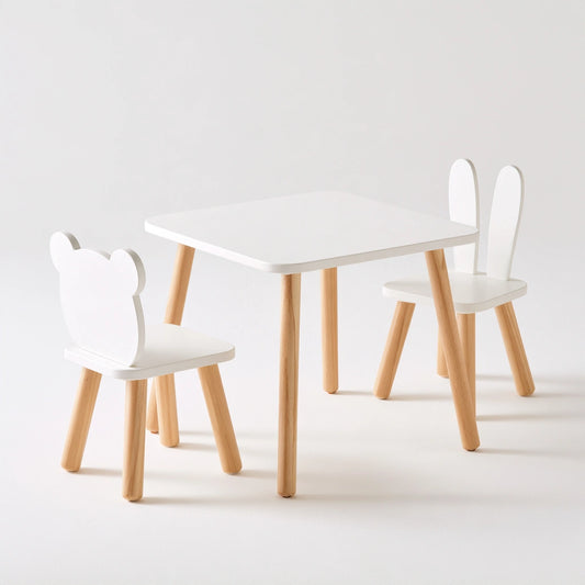 Ensemble table et deux chaises pour enfant aux lignes épurées, coloris blanc