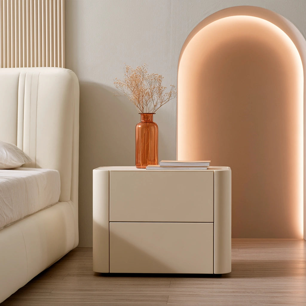 Table de chevet murale aux lignes épurées à deux tiroirs, coloris crème