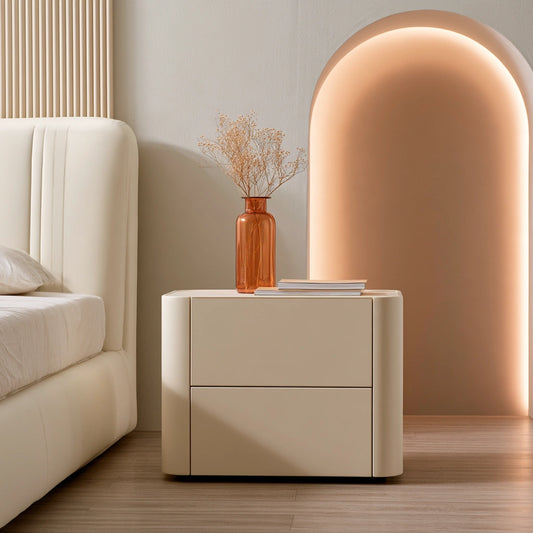 Table de chevet murale aux lignes épurées à deux tiroirs, coloris crème